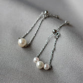 【日本製】 女裝三顆珍珠鏈形戒指 (銀色鏈) MLD004