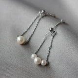 【日本製】 女裝三顆珍珠鏈形戒指 (銀色鏈) MLD004