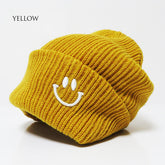 可愛的針織帽 繡花笑臉圖案 /黃色 STR017