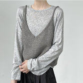 女裝上衣 背心 T恤 V領 4色 韓風 2025夏秋新款/灰色 SBY004