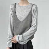 女裝上衣 背心 T恤 V領 4色 韓風 2025夏秋新款/灰色 SBY004